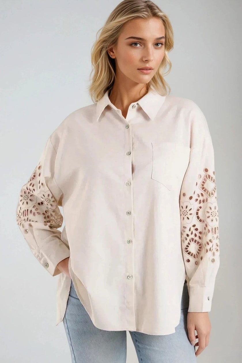 Chemise en mélange de lin à manches brodées beige