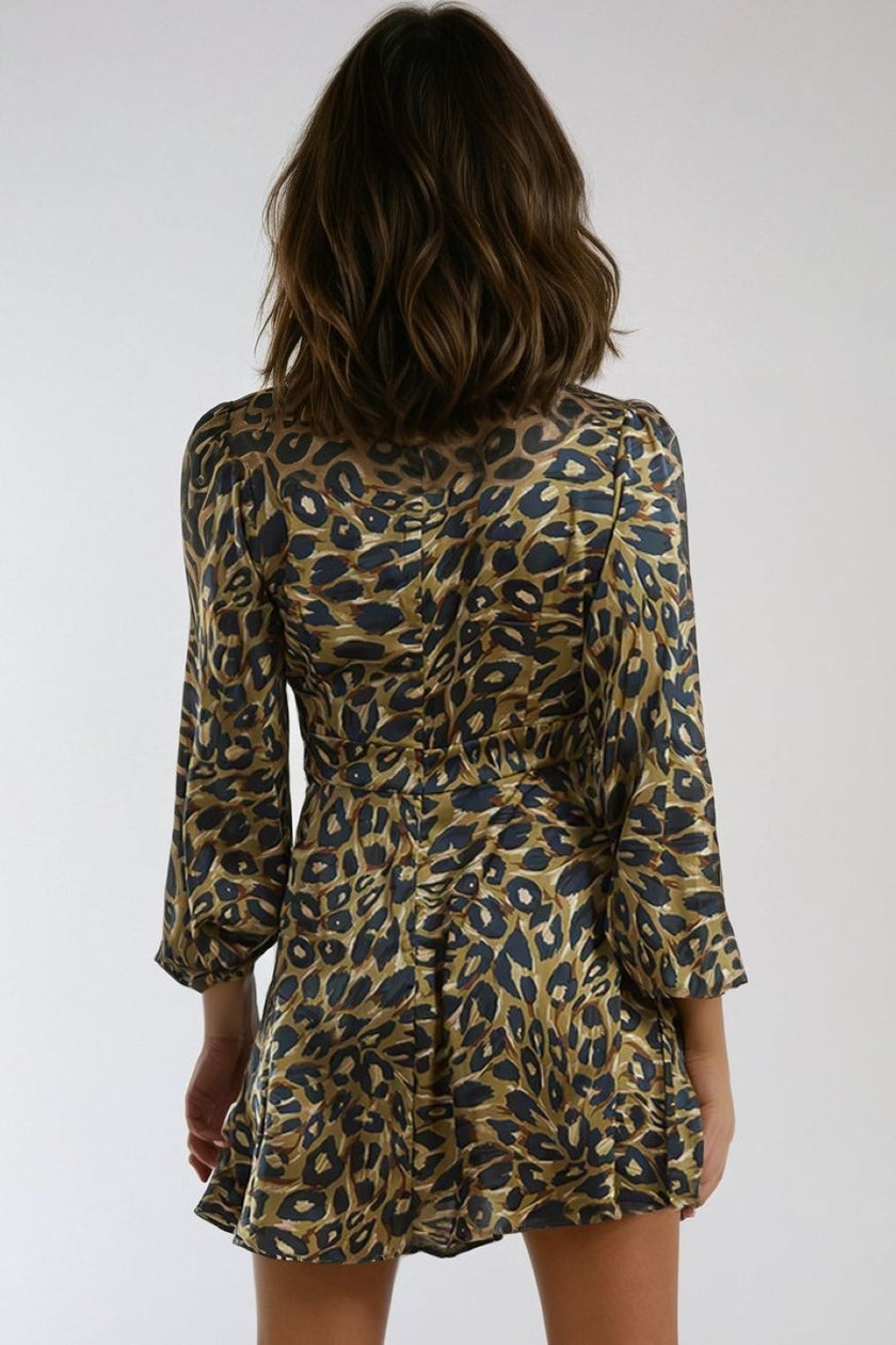 Khaki Animal High Neck Keyhole Mini Dress
