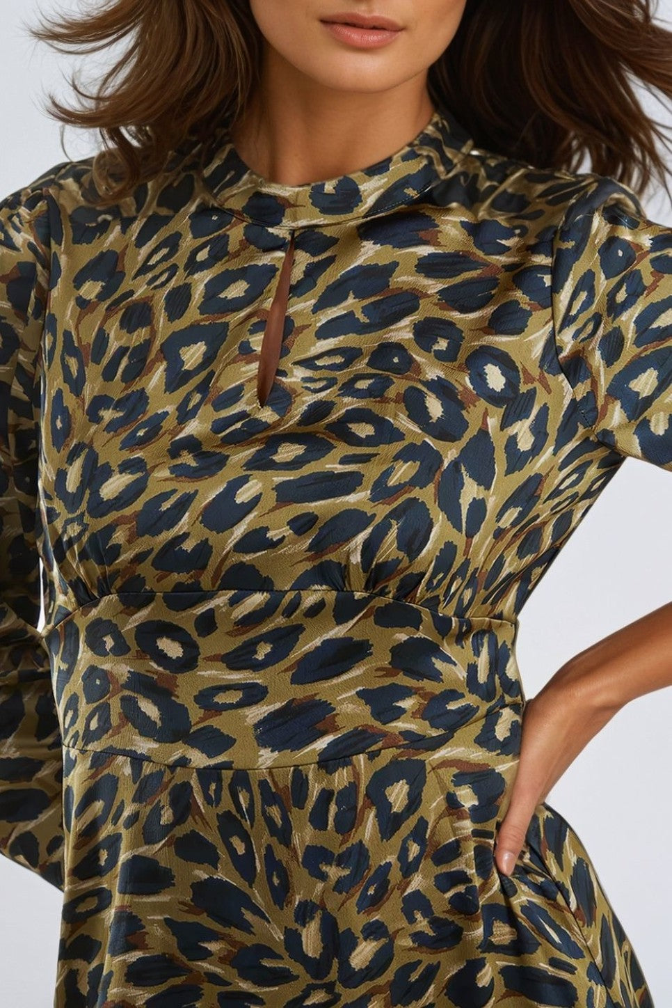 Khaki Animal High Neck Keyhole Mini Dress