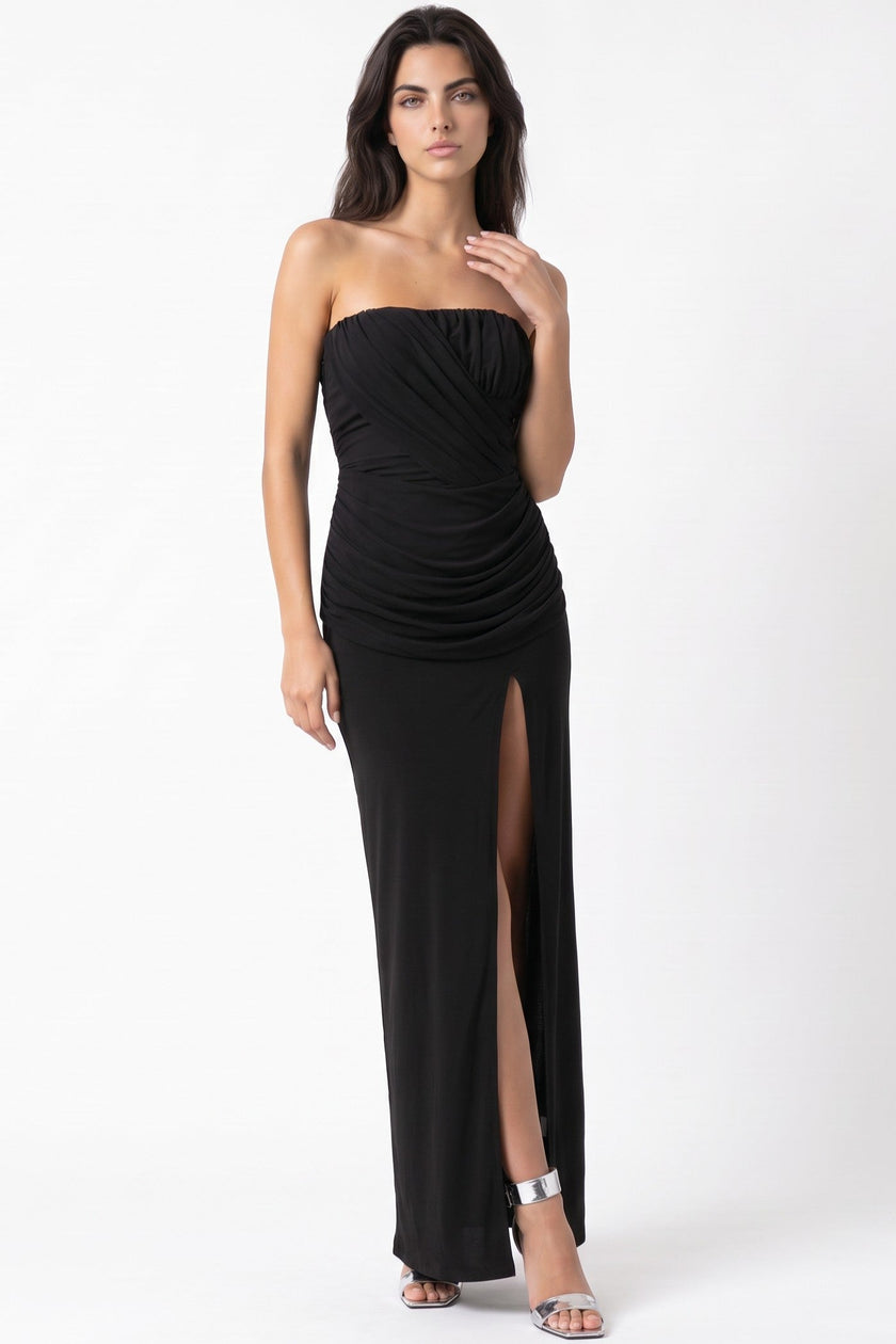 Black Strapless Bandeau Maxi Dress with Draping