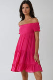 Miniabito fucsia scollo alla Bardot con arricciature