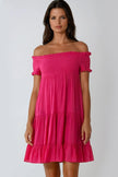 Miniabito fucsia scollo alla Bardot con arricciature