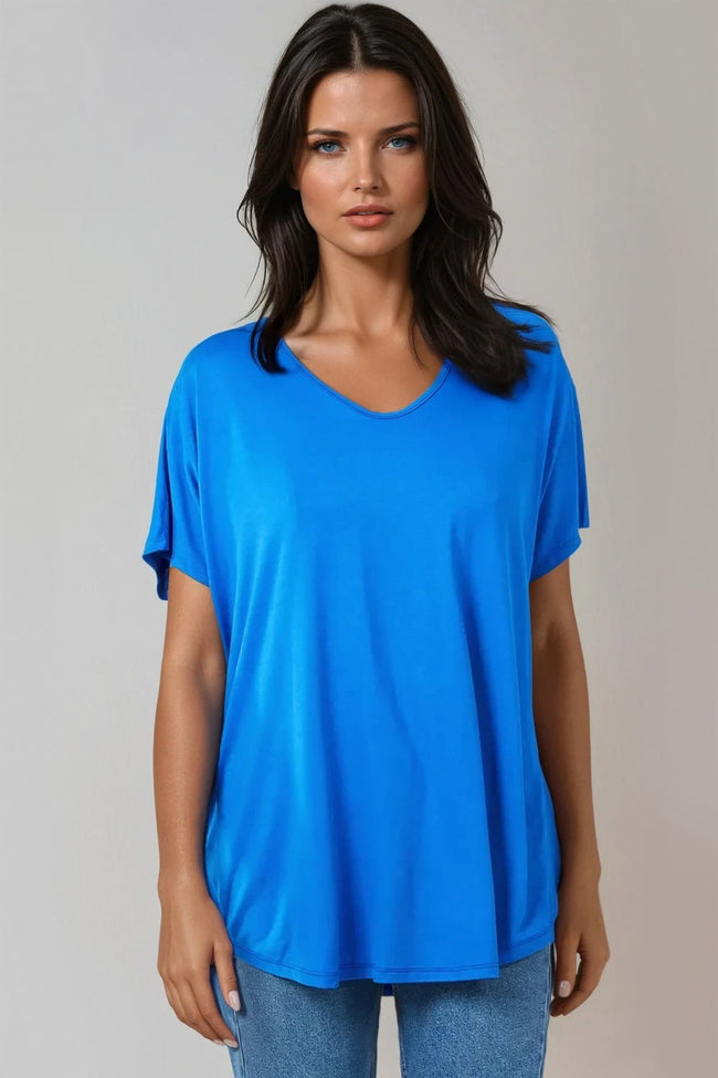 T-shirt oversize à col en V bleu roi