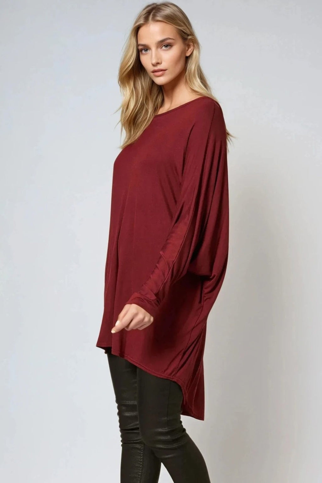 Wine Oversized Batwing High Low Top