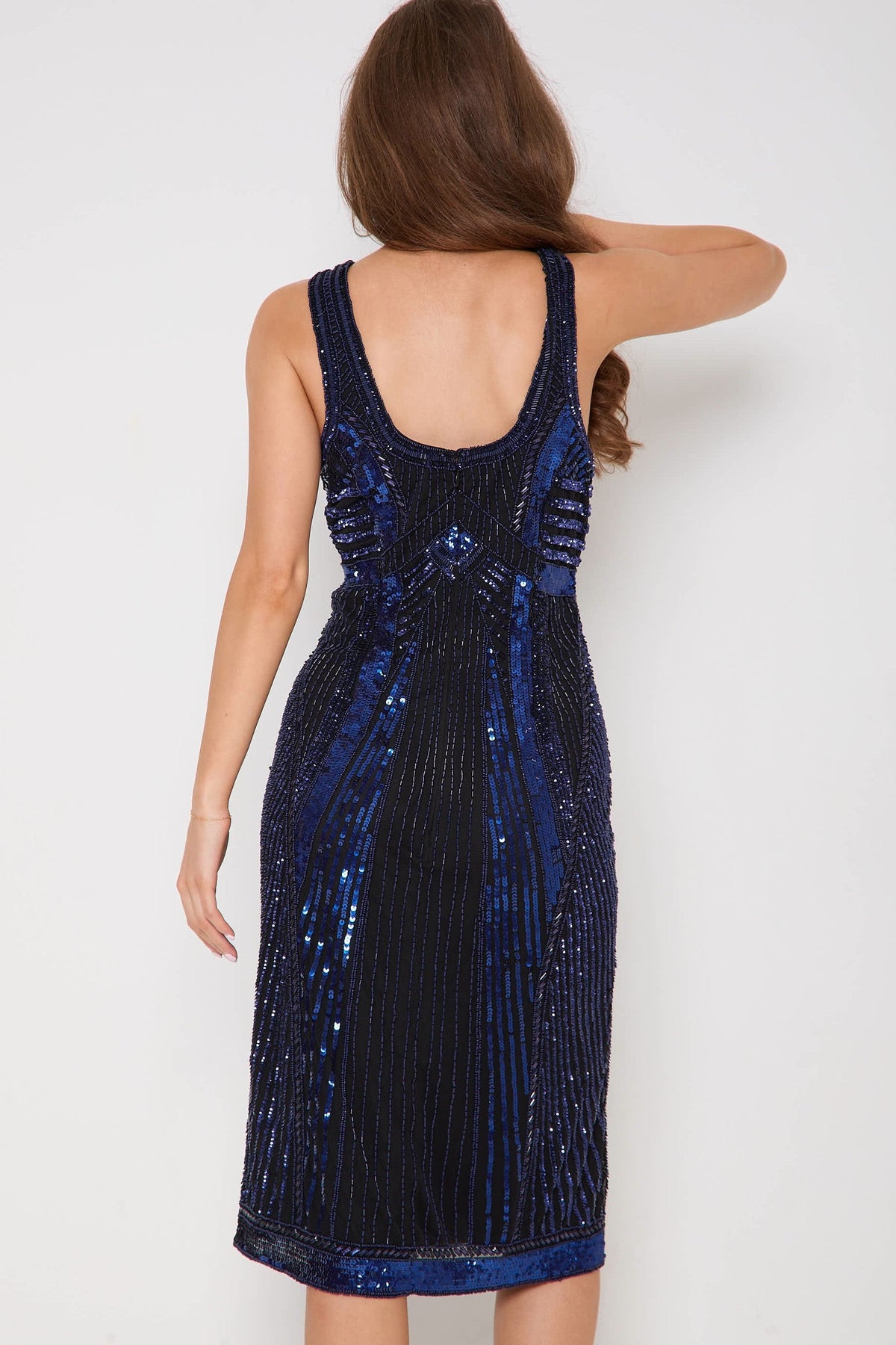 Abito midi smanicato con paillettes blu