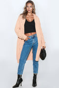 Pink Hooded Cable Knitted Longline Cardigan