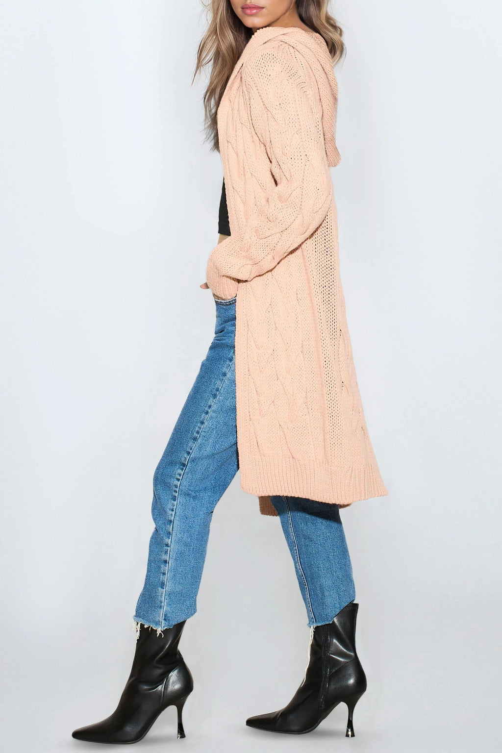 Pink Hooded Cable Knitted Longline Cardigan