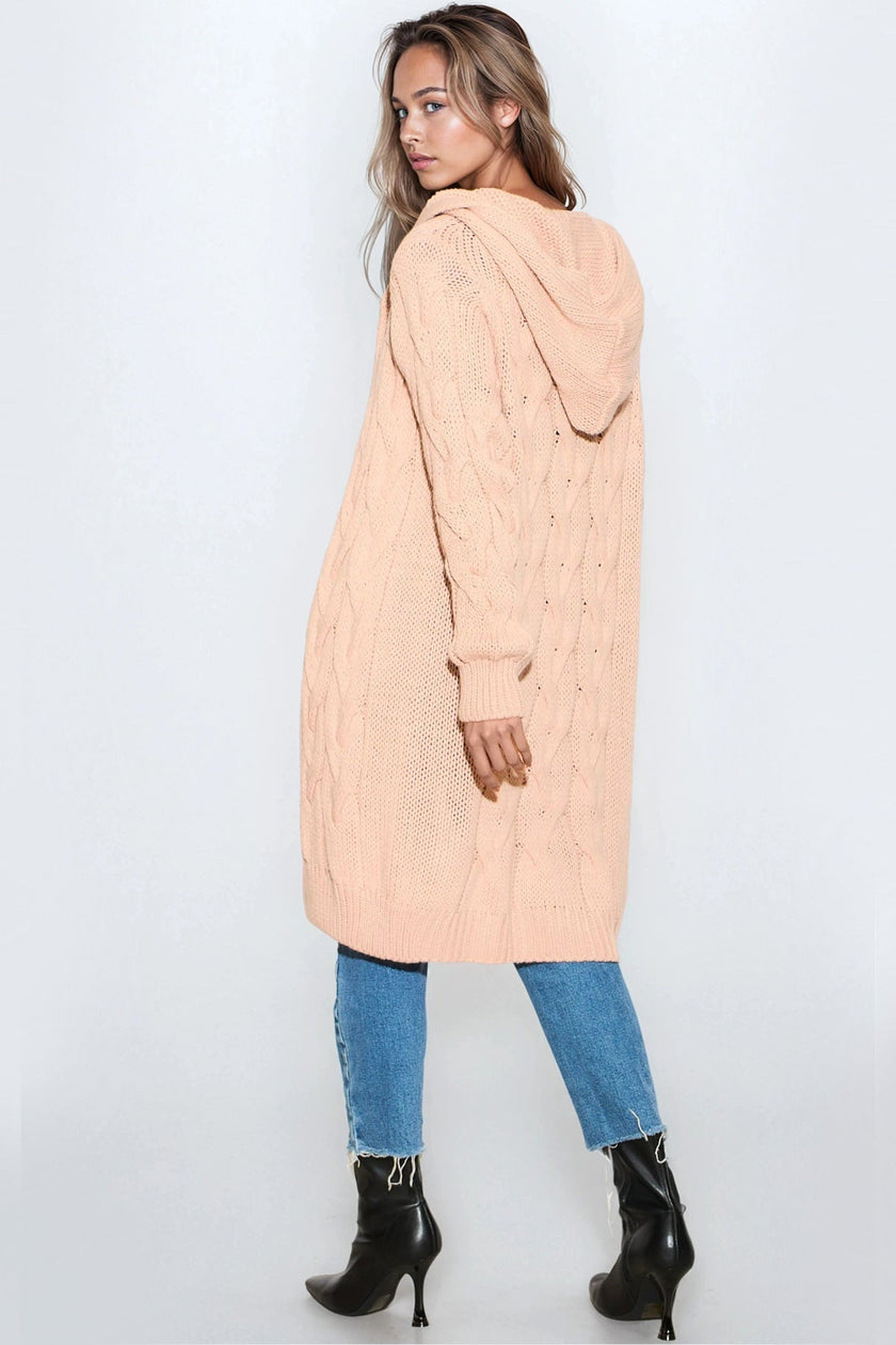 Pink Hooded Cable Knitted Longline Cardigan