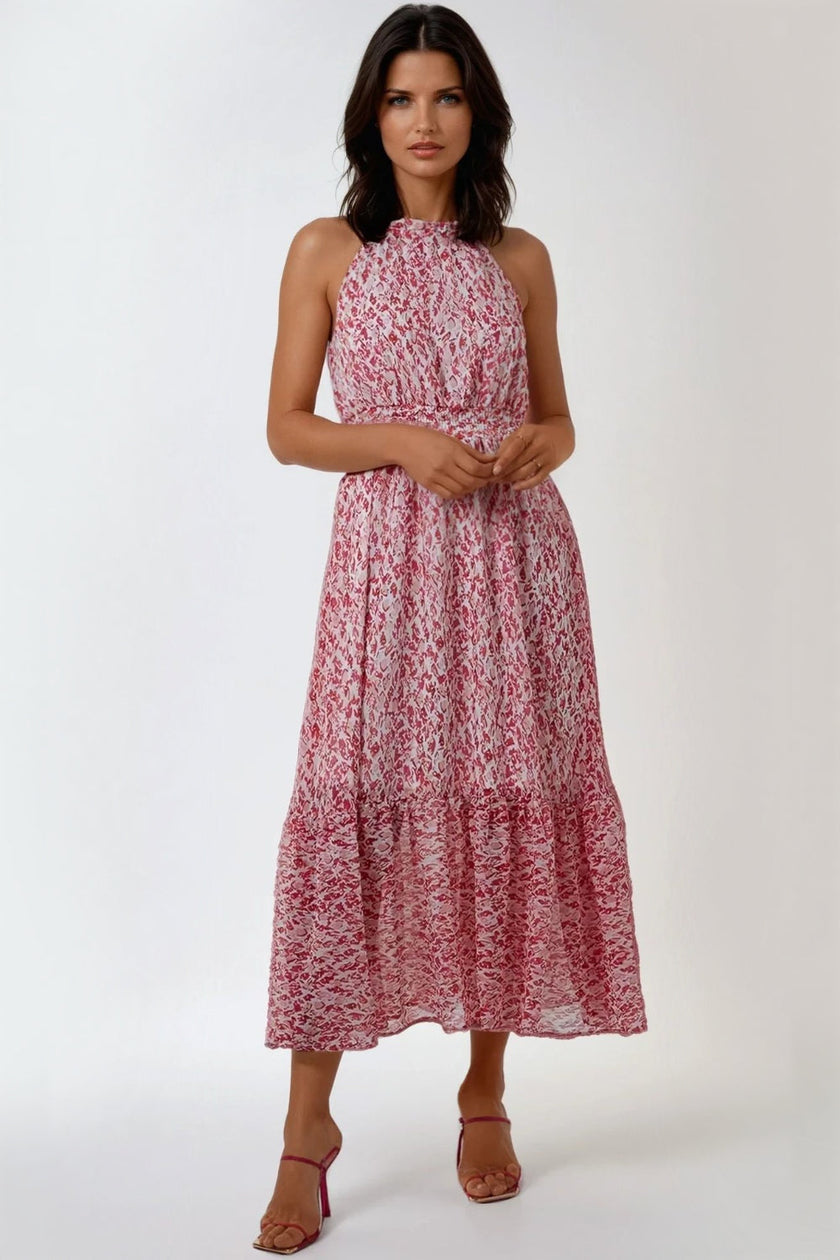 Pink Abstract Print Halterneck Maxi Dress