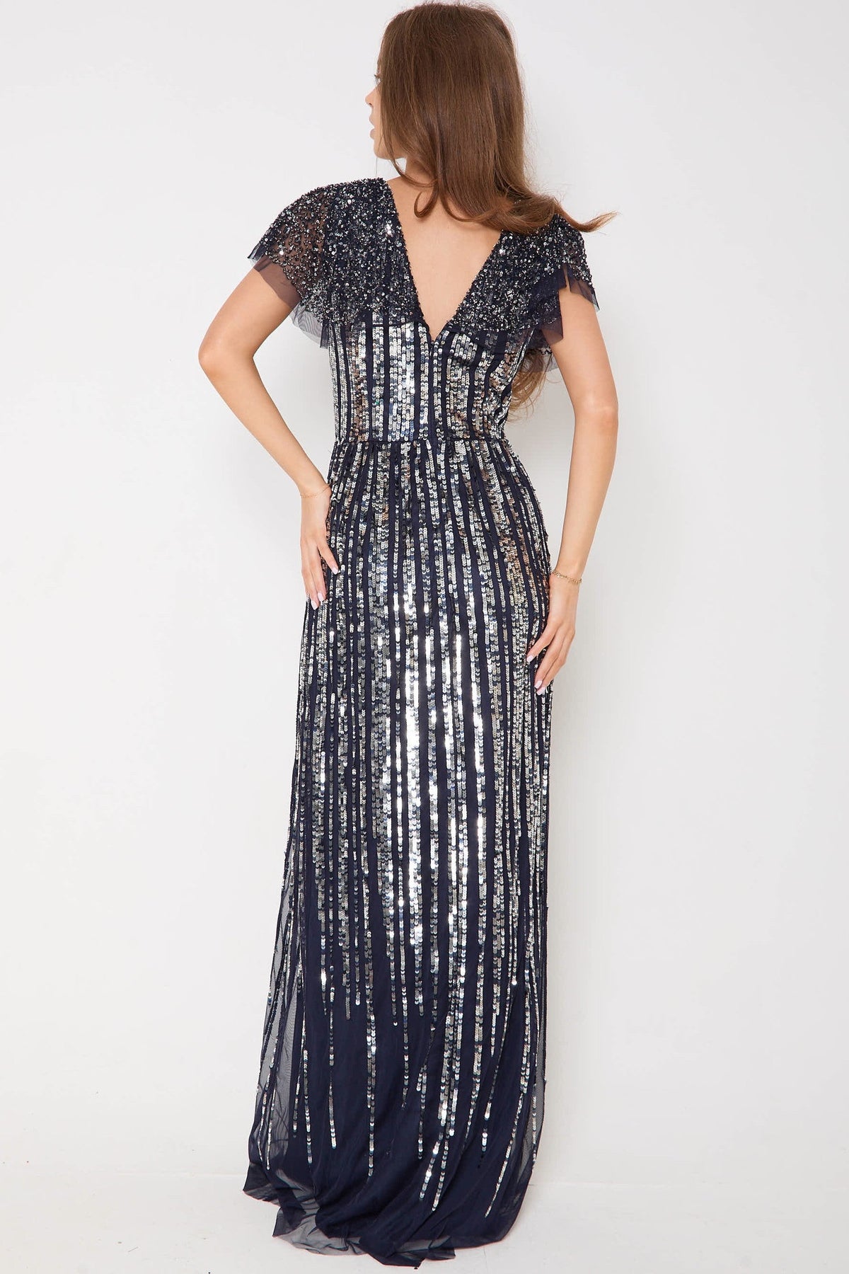 Abito lungo blu navy con paillettes argento