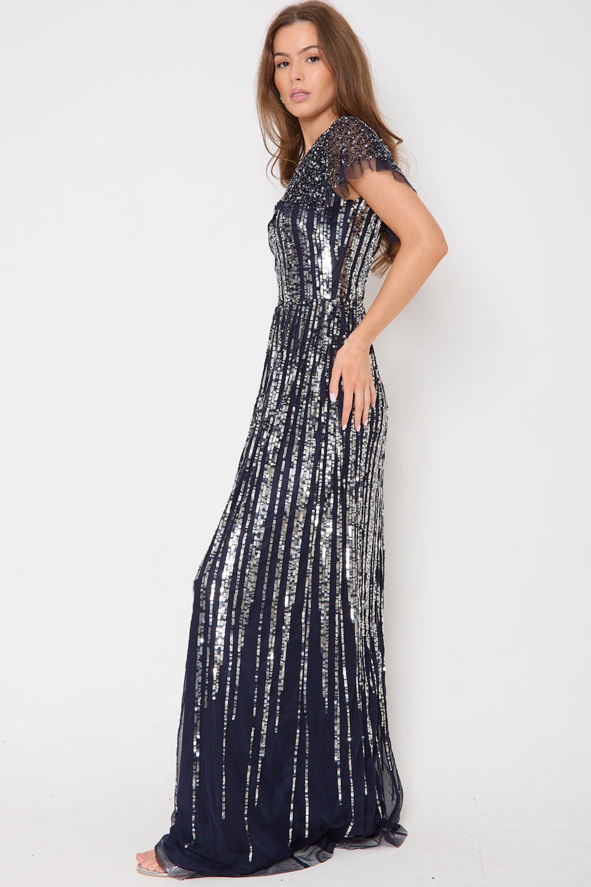 Abito lungo blu navy con paillettes argento