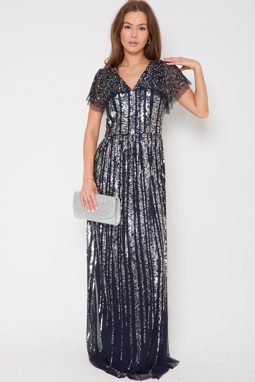Abito lungo blu navy con paillettes argento