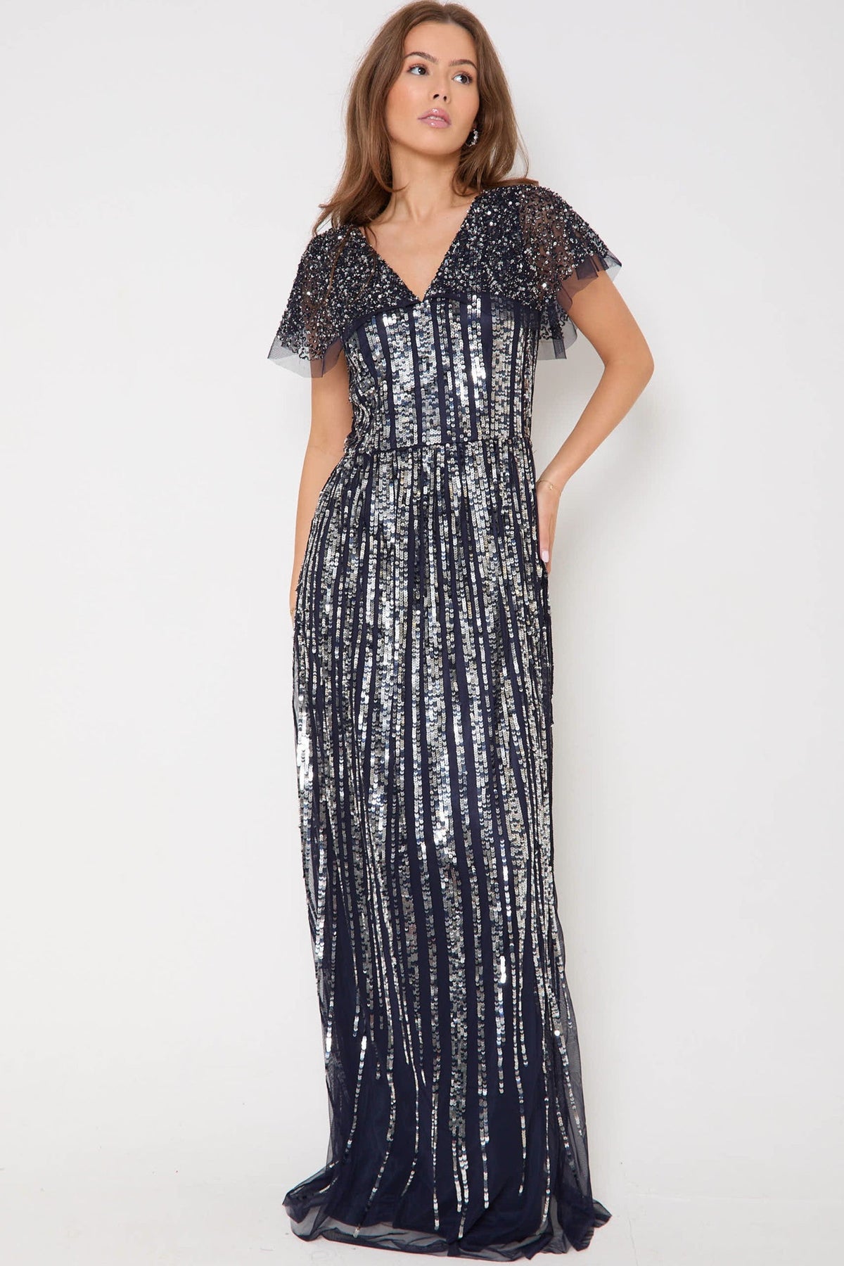 Abito lungo blu navy con paillettes argento