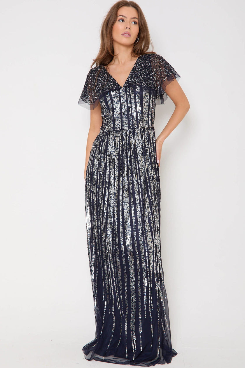 Abito lungo blu navy con paillettes argento