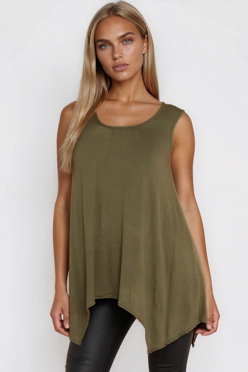 Khaki Sleeveless Top With Asymmetric Hem