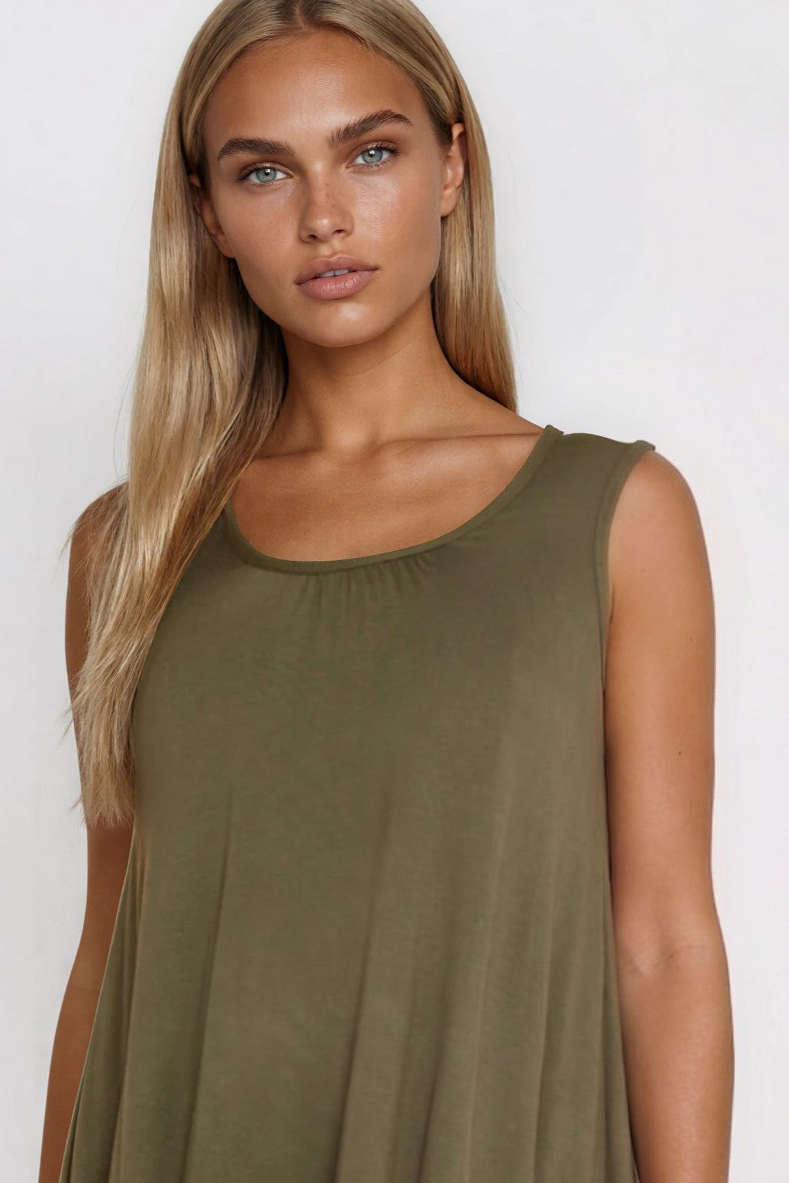 Khaki Sleeveless Top With Asymmetric Hem