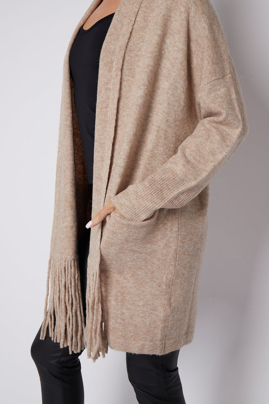 Beige Fringed Tassel Cardigan with Shawl Collar