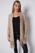 Beige Fringed Tassel Cardigan with Shawl Collar