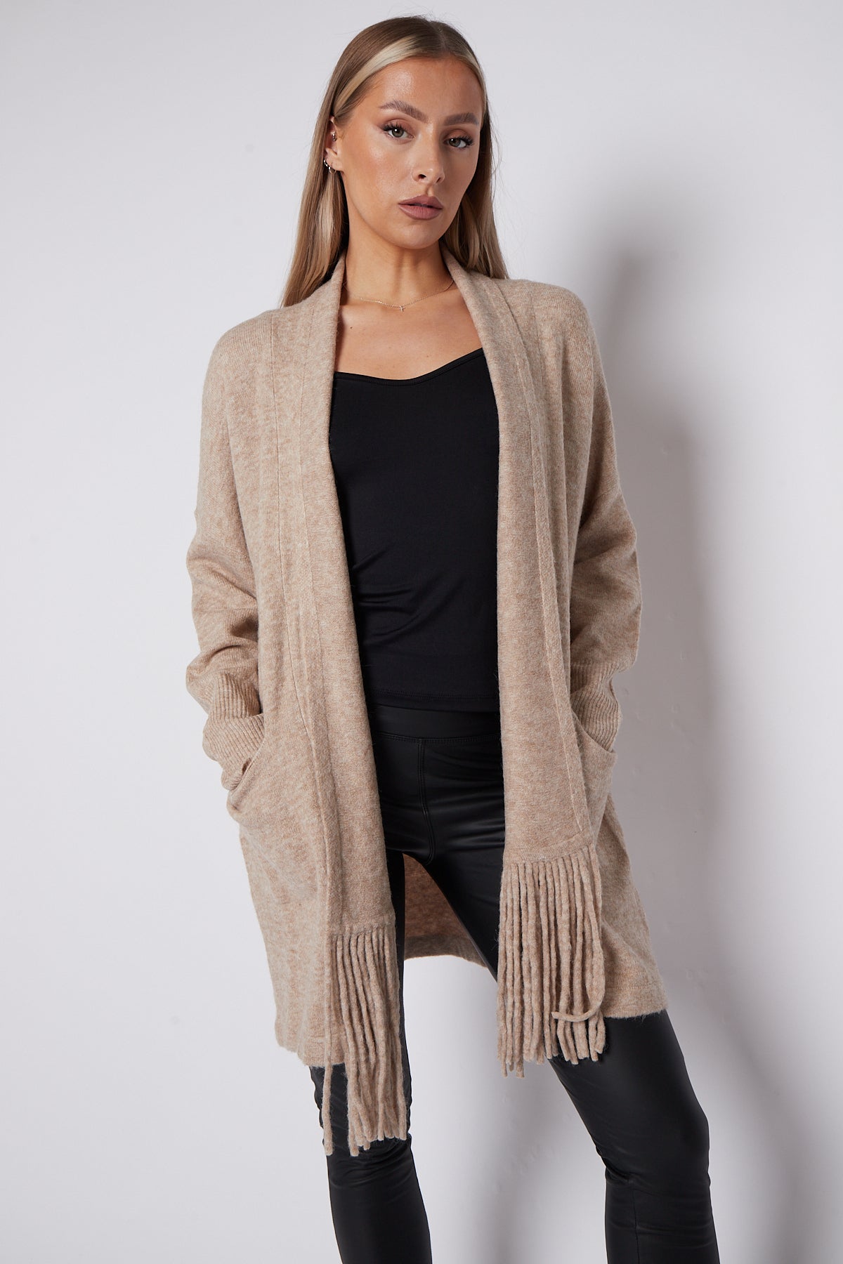 Beige Fringed Tassel Cardigan with Shawl Collar