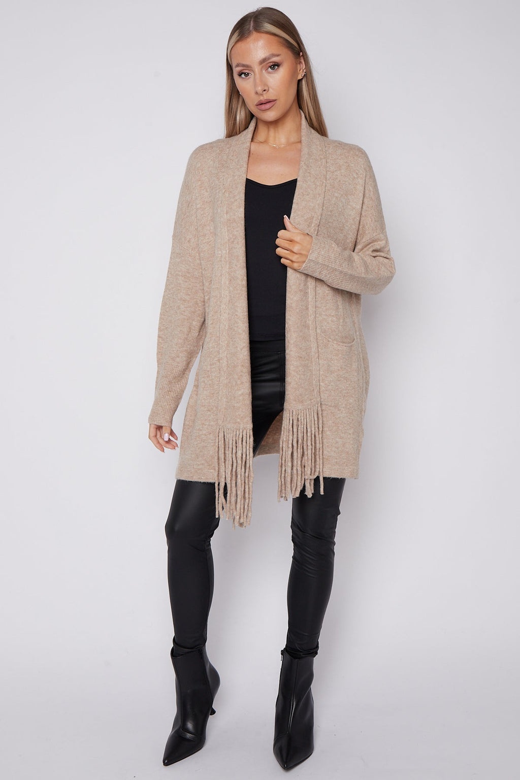 Beige Fringed Tassel Cardigan with Shawl Collar