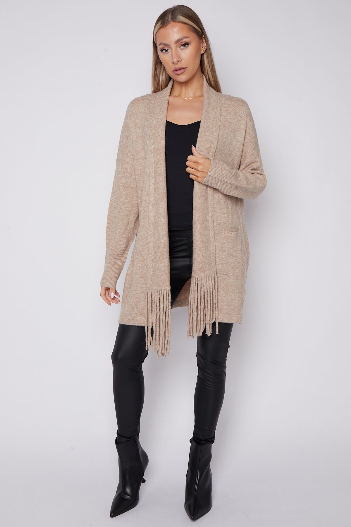 Beige Fringed Tassel Cardigan with Shawl Collar