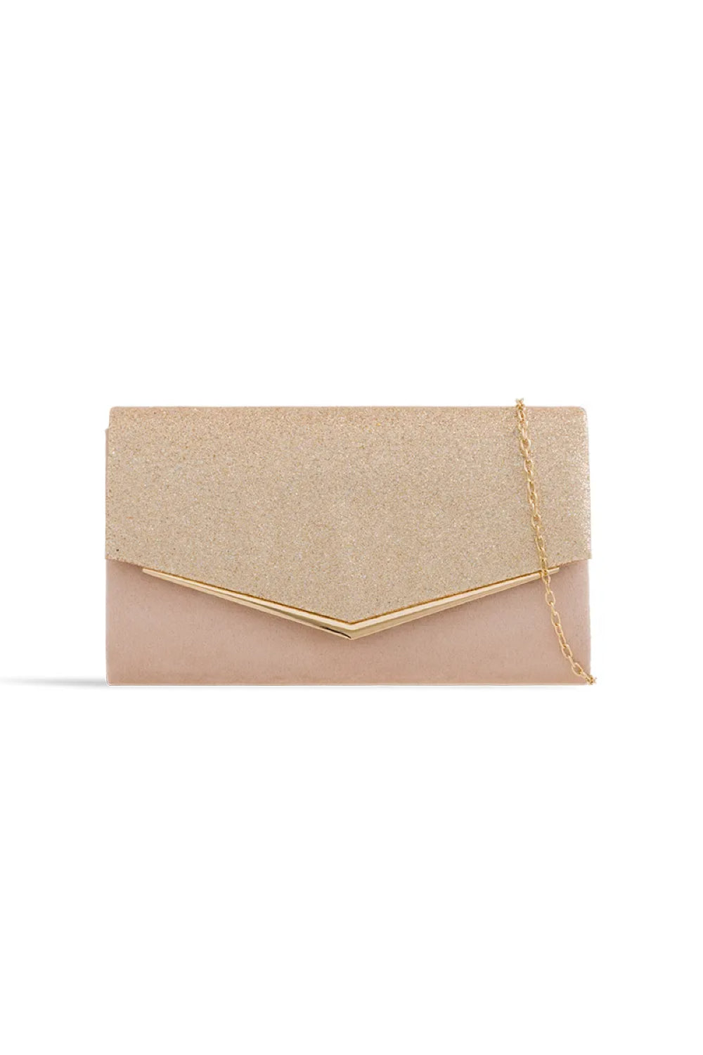Bolso de mano tipo sobre con purpurina en color rosa maquillaje