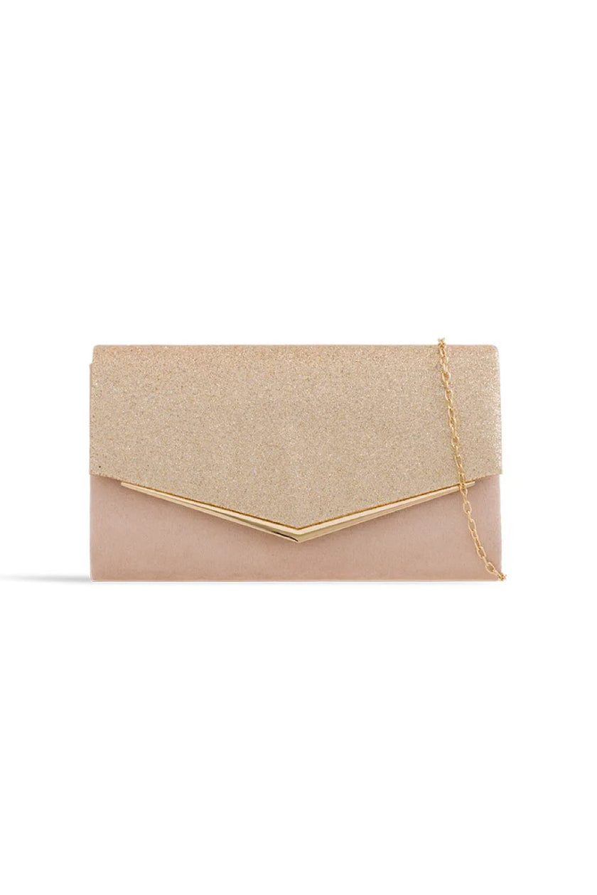 Bolso de mano tipo sobre con purpurina en color rosa maquillaje