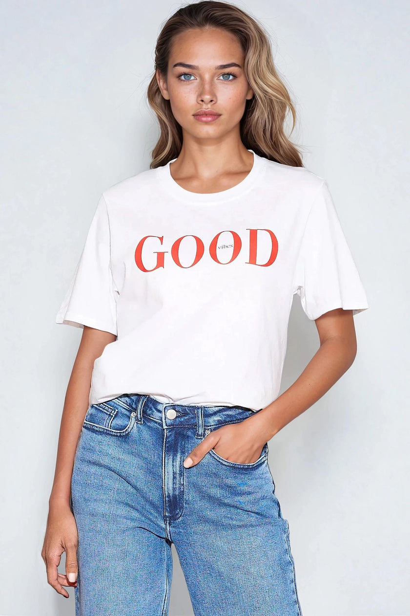 White Good Vibes Printed Cotton T-Shirt