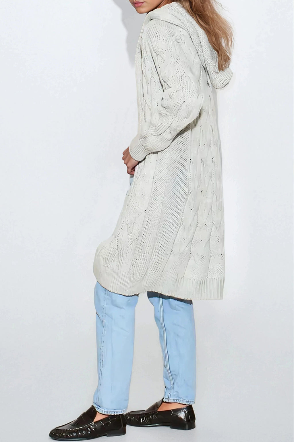 Silver Grey Hooded Cable Knitted Longline Cardigan