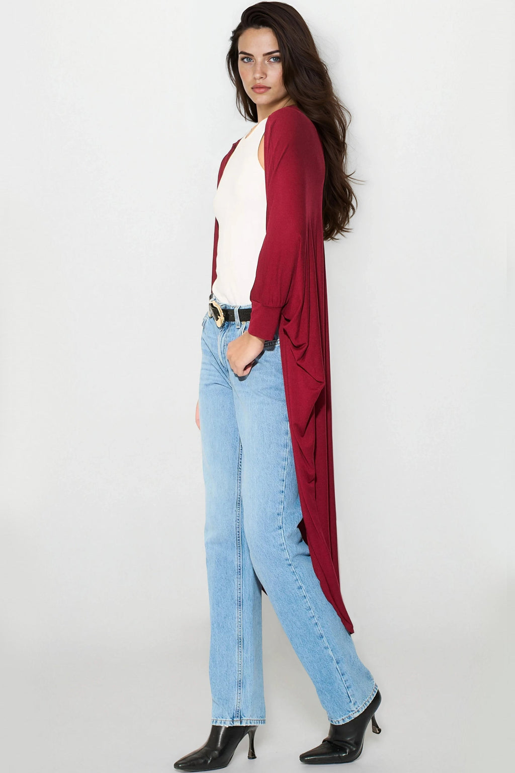 Wine Batwing Sleeve Kimono Cardigan