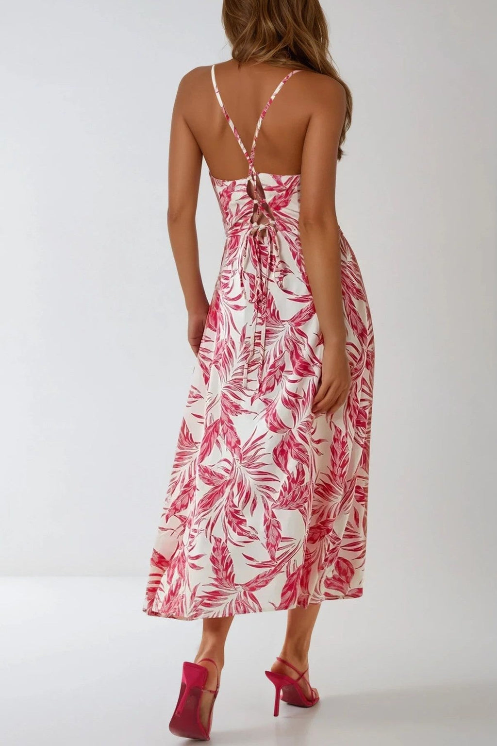 Pink Leaf Print Lace Up Back Midi Dress