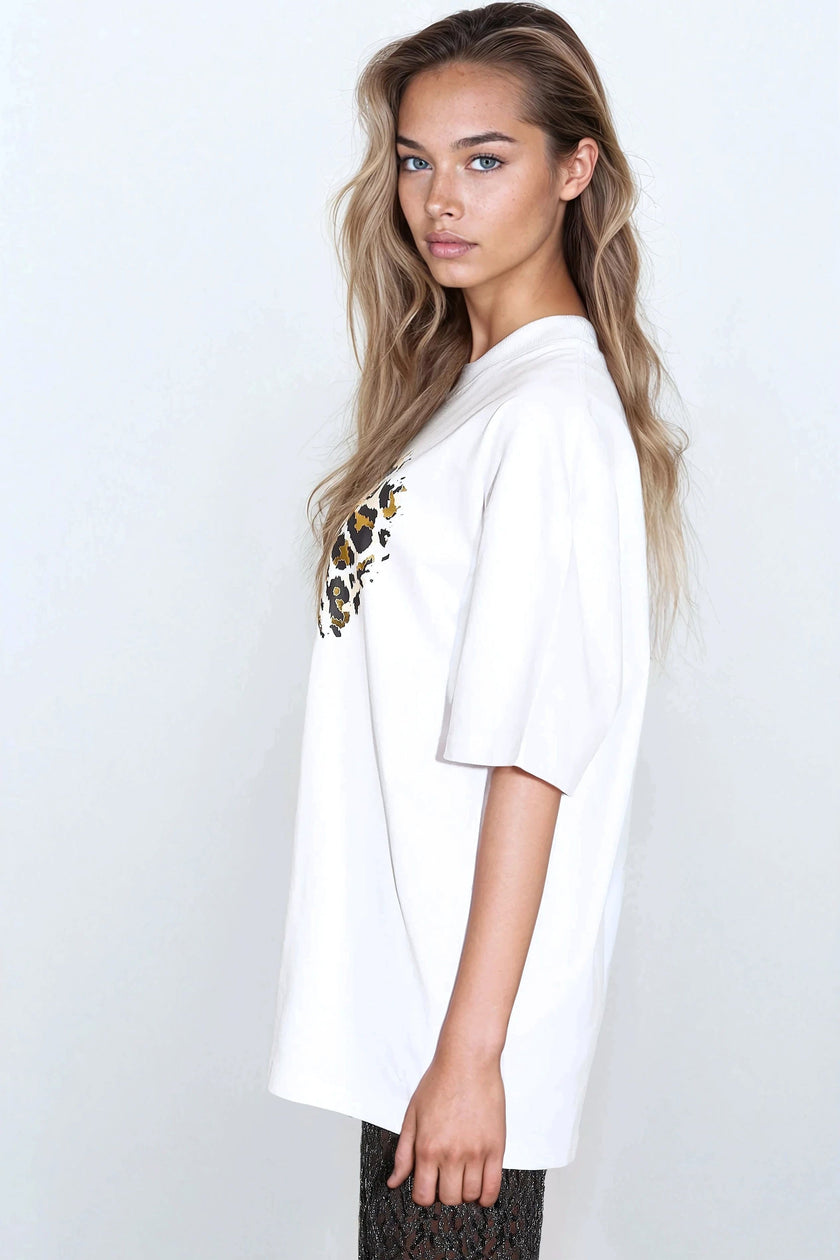 White Leopard Heart Oversized T-Shirt