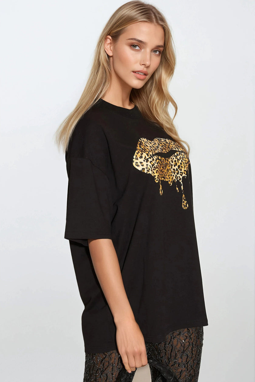 Black Leopard Print Oversized T-Shirt