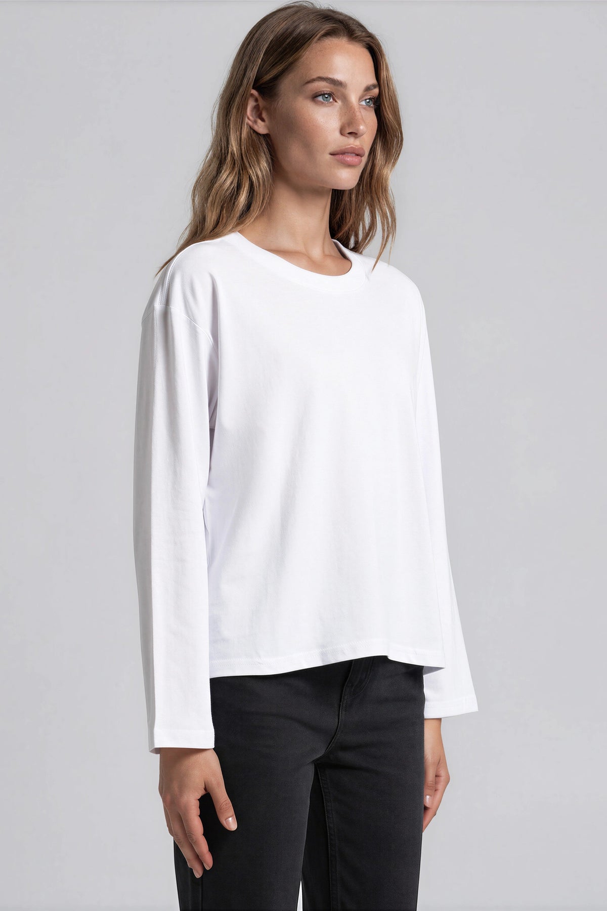 White Cotton Long Sleeve Round Neck Top