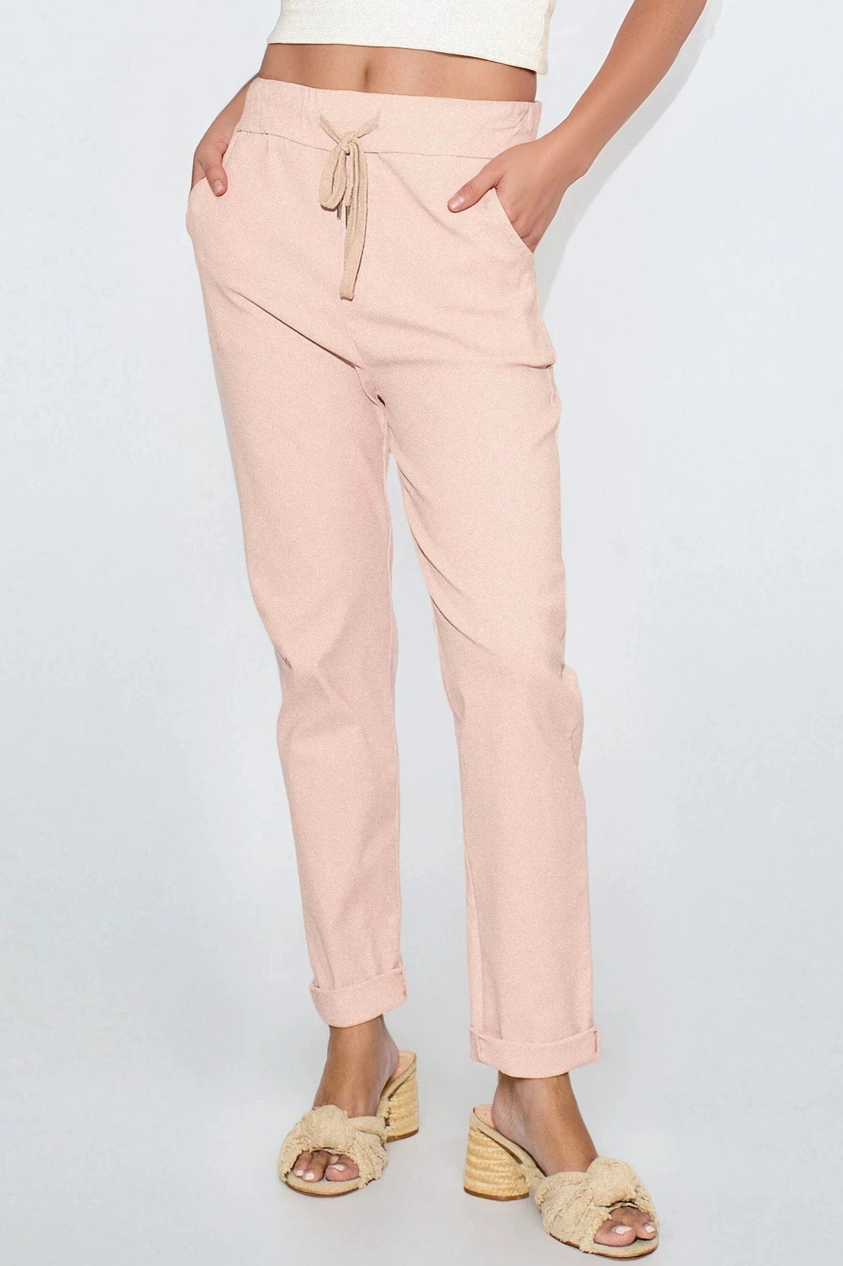 Pantaloni elasticizzati con coulisse rosa polvere