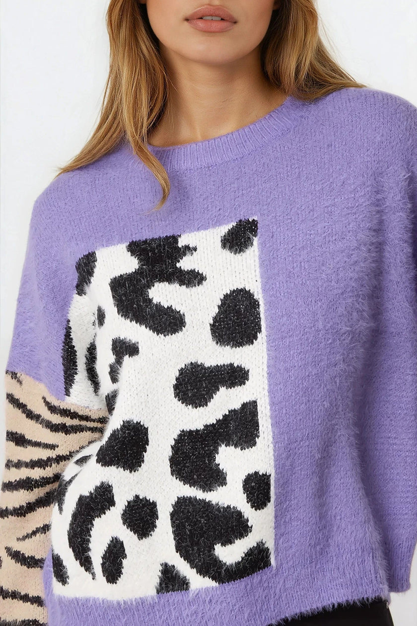 Purple Mixed Animal Pattern Knit Jumper