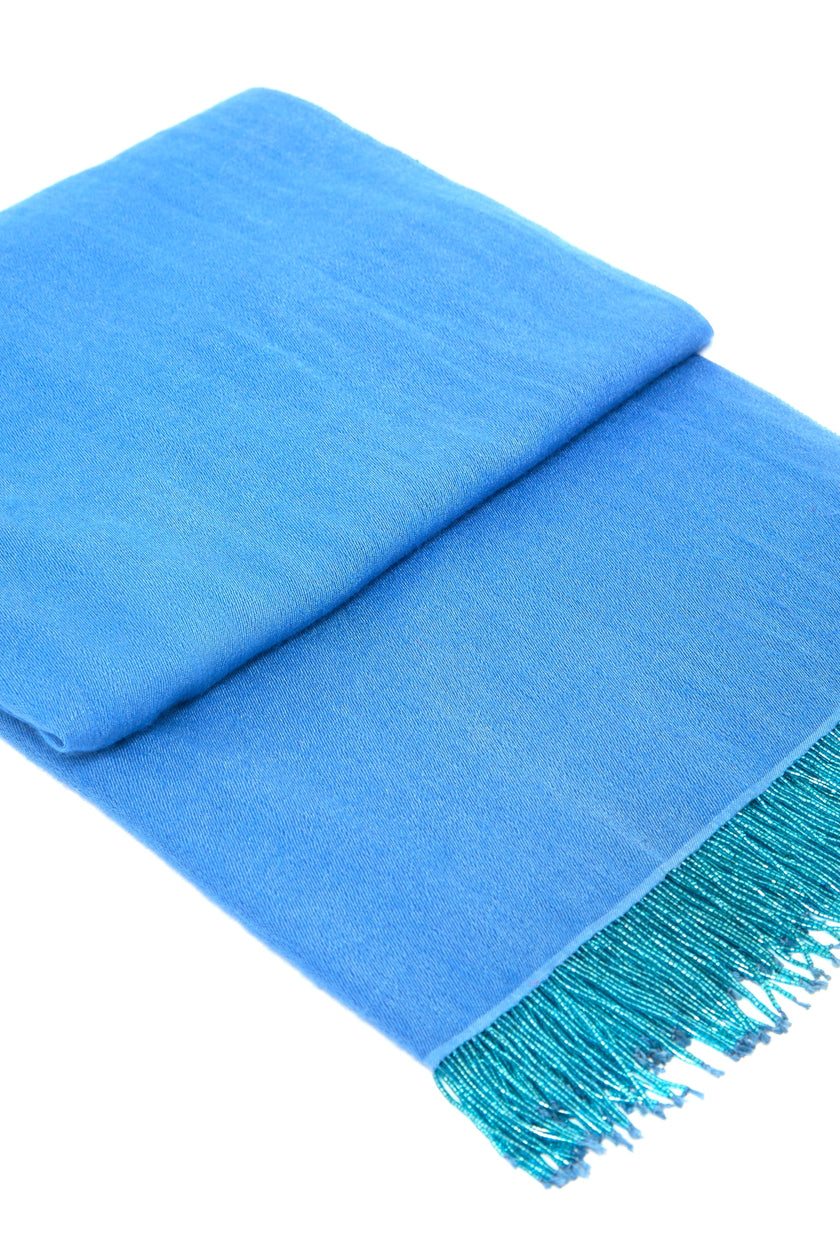 Bright Blue Pashmina Shawl with Beaded Tassels