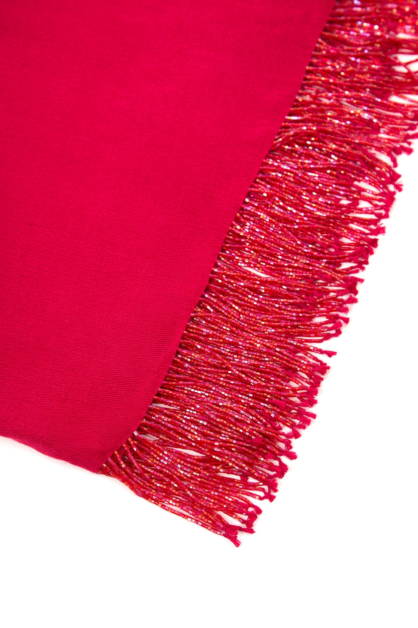 Châle pashmina fuchsia à pompons perlés