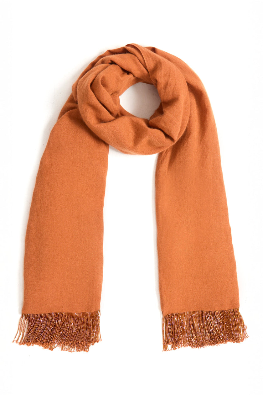 Scialle in pashmina color ruggine con nappine di perline