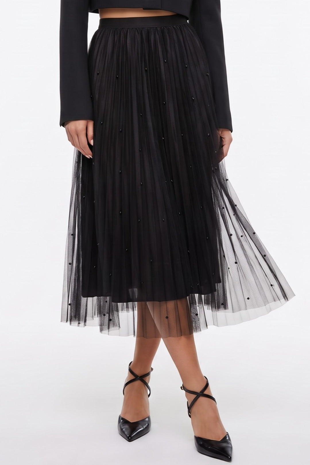 Black Pearl Embellished Mesh A‑Line Midi Skirt
