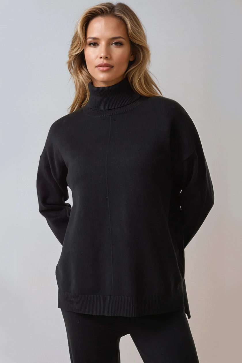 Ensemble pull à col roulé et pantalon en maille noir