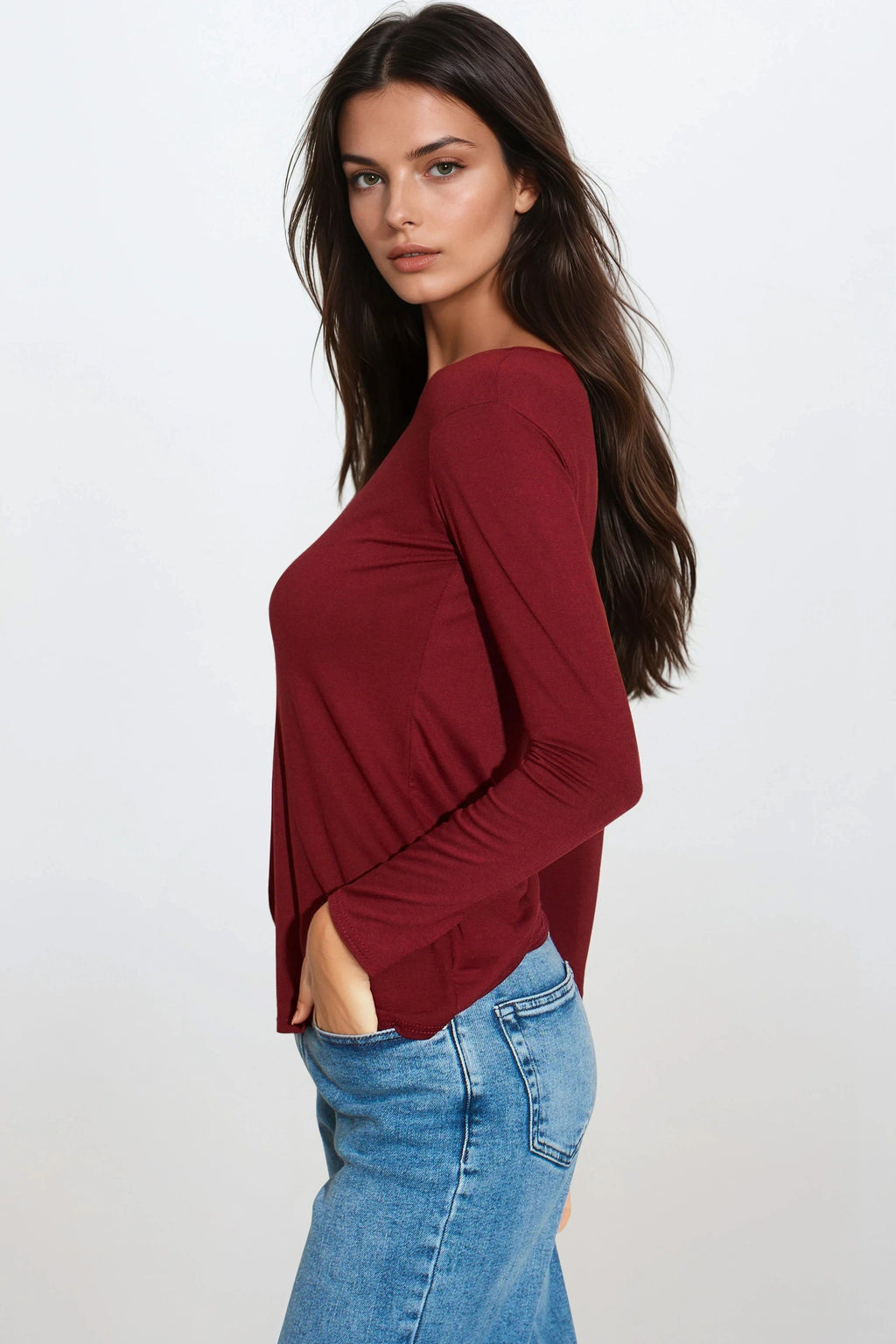 Burgundy Round Neck Long Sleeve Top