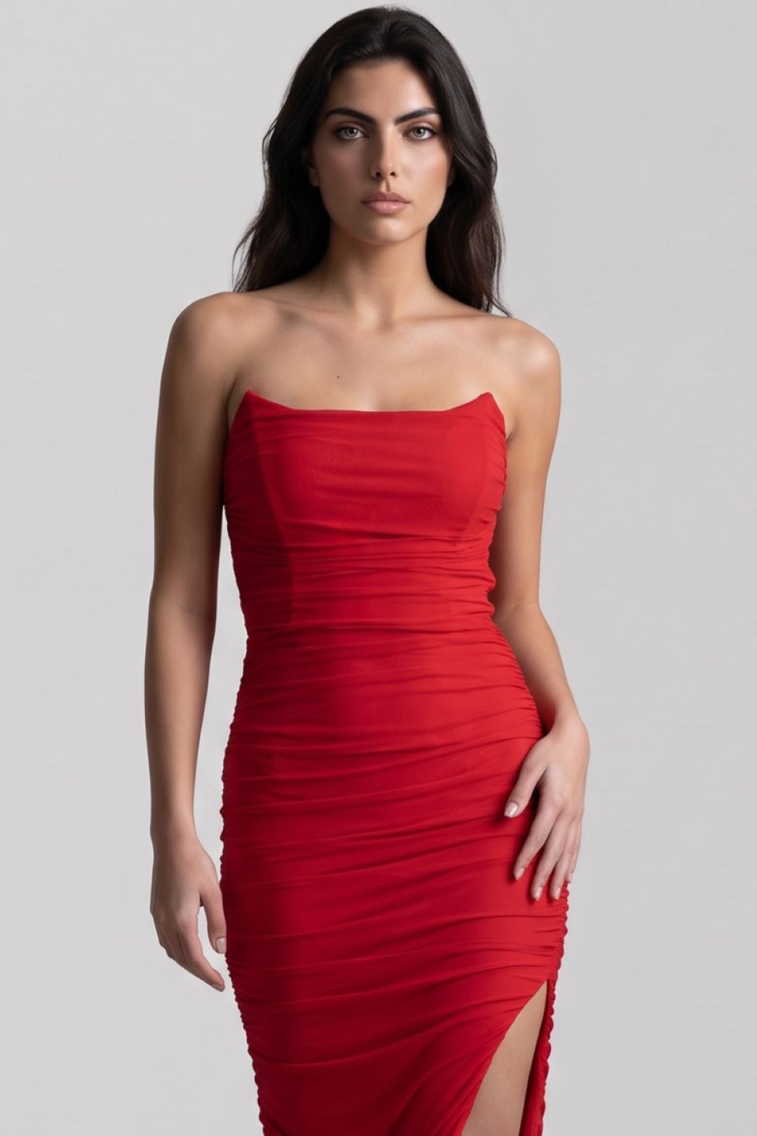 Red Strapless Ruched Maxi Dress with High Slit