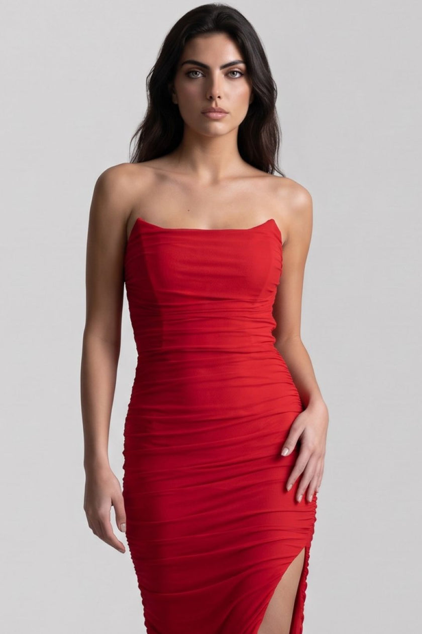 Red Strapless Ruched Maxi Dress with High Slit