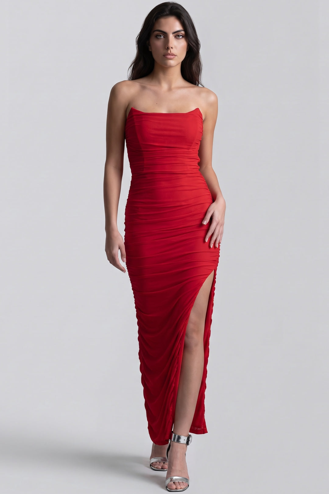 Red Strapless Ruched Maxi Dress with High Slit