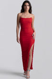 Red Strapless Ruched Maxi Dress with High Slit