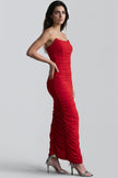Red Strapless Ruched Maxi Dress with High Slit