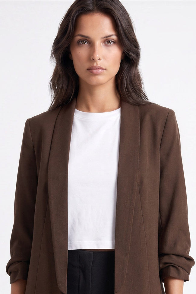 Brown Blazer with Ruched Sleeves
