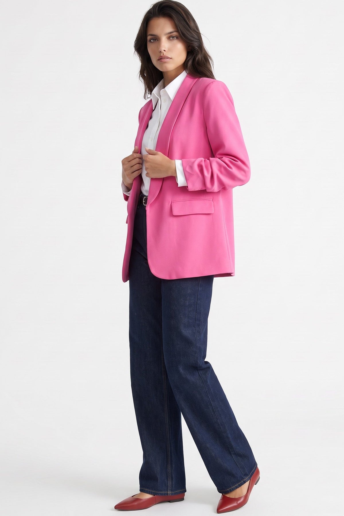 Fuchsiafarbener Blazer mit gerafften Ärmeln