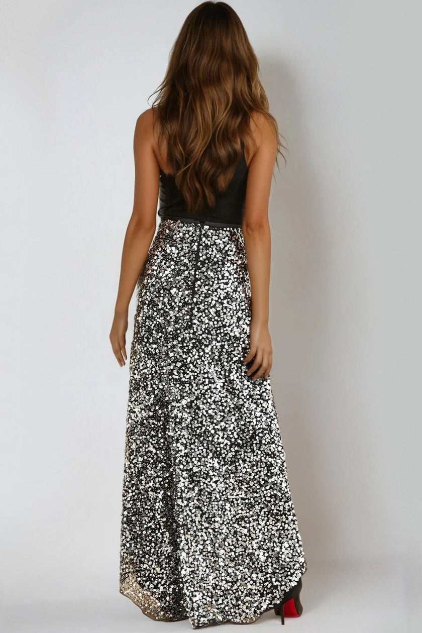 Black and Silver Sequin Maxi Skirt